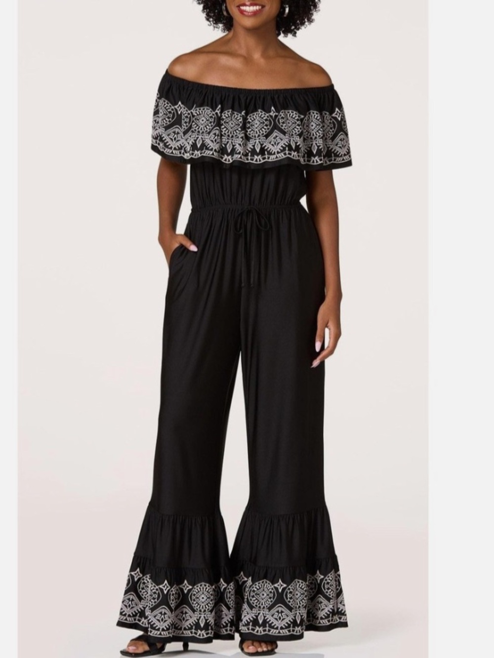 Cato - NWT - Black Jumpsuit with Embroidered Ruffle Neckline - Size XL